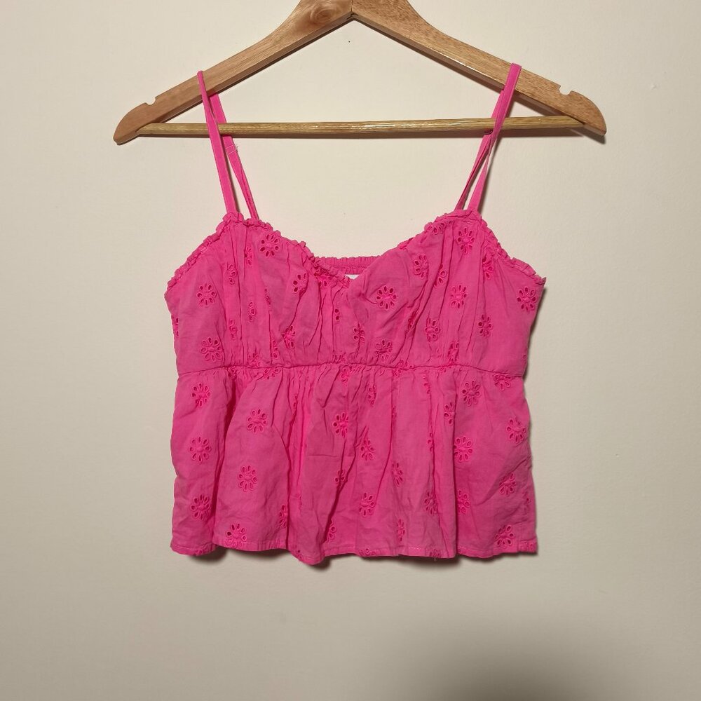 Hollister Eyelet Empire Waist Milkmaid Cropped Tank Blouse sz M Pink Coquette